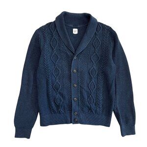Gap Mens Cable Knit Shawl Collar Cardigan Navy L Preppy Dark Academia Fisherman